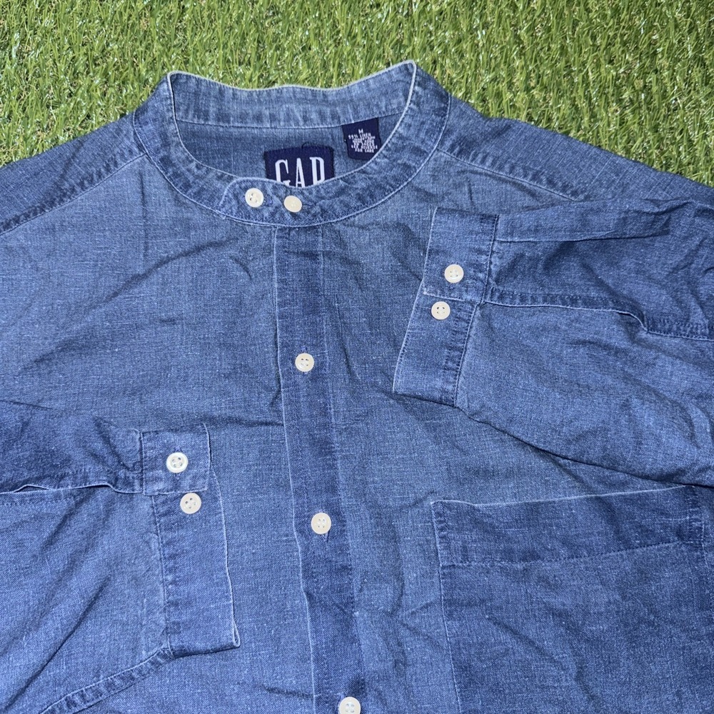 Vtg 80s GAP Shirt Mens M Blue Denim Linen Mandarin Collar Relaxed Long Sleeve